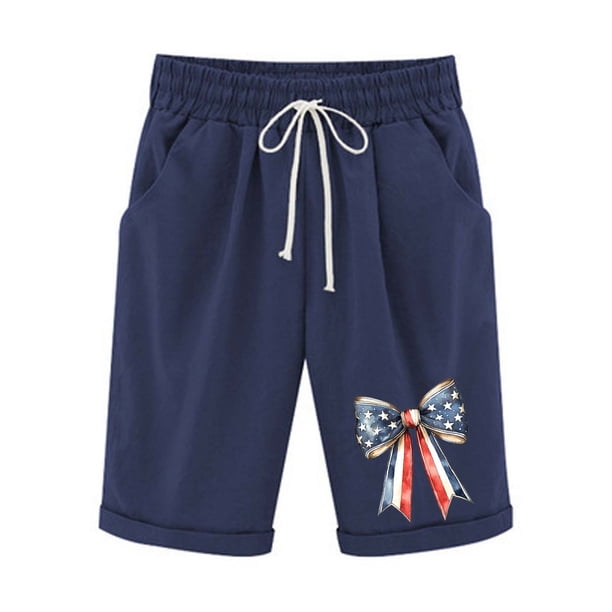 Pantalones de Cintura Elásticos para Mujeres, Día de la Independencia Impreso Casual Medio Cortos con Bolsillos para Diarios Y Al Mar