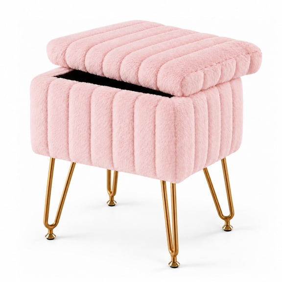 Alvantor Faux Fur Vanity Stool with Hidden Storage, Padded Ottoman Seat, Gold Metal Legs, Pink 15.9 x 12.2 x 18.8 in