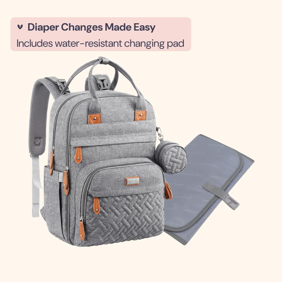 BabbleRoo Diaper Bag Backpack, Multifunction Original Baby Diaper Bag with Insulated Pockets, Light Gray