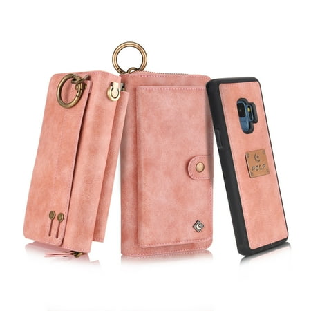 Leather Zipper Case - Galaxy S9 Plus Wallet Case, Allytech Girls Women Magnets Detachable Zipper Wallet Case Cover PU Leather Folio Flip Holster Carrying Case Card Holder for Samsung Galaxy S9 Plus, Pink