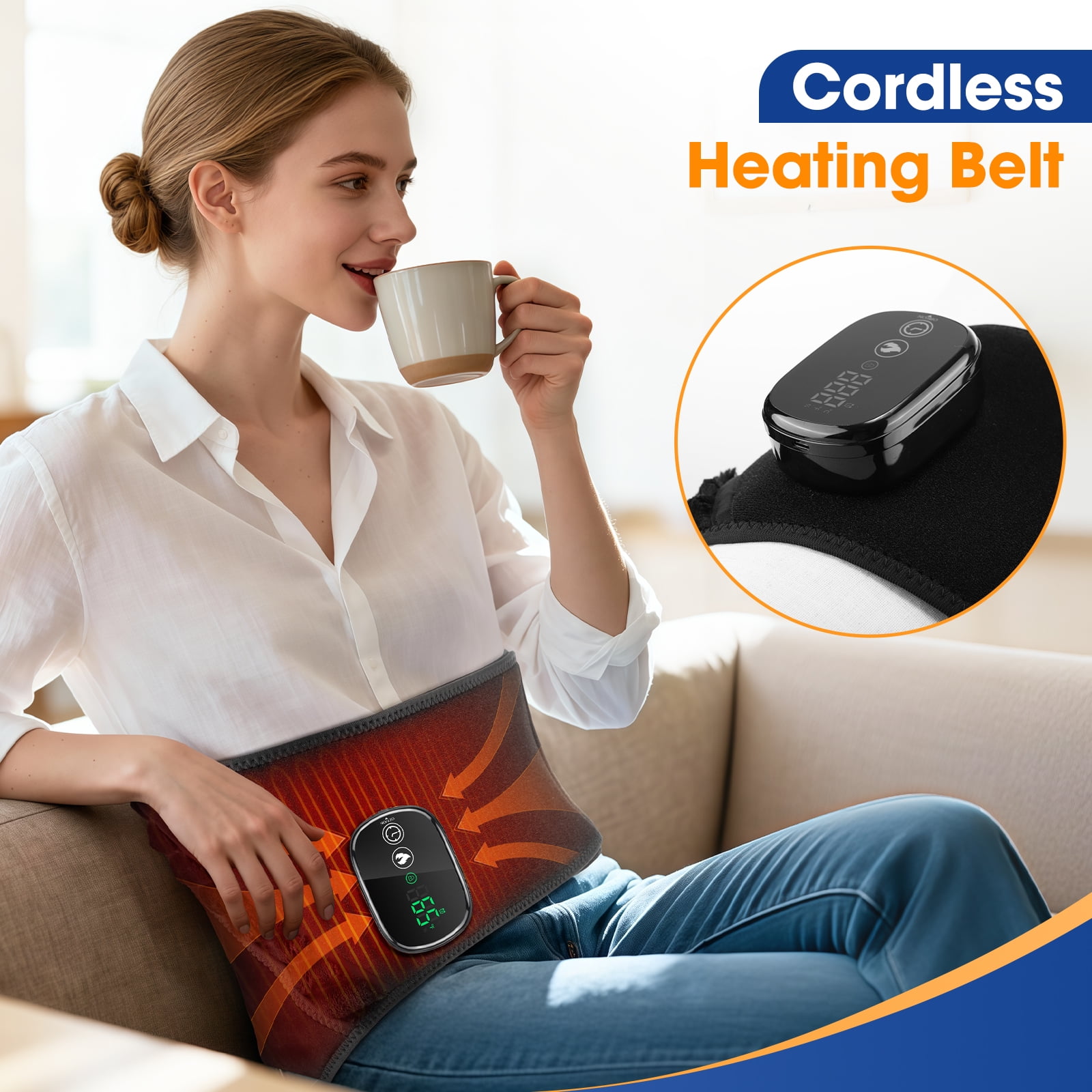Cordless Waist Heating Pad, Hand Warmer & Uterus Belly Belt, 3 in 1 Heating Pad for Shoulder, Abdomen Heating Pad for Period with 5 Heating, 3 Timing, 2pcs 4000mAh Battery, Large-Area Heated, Black