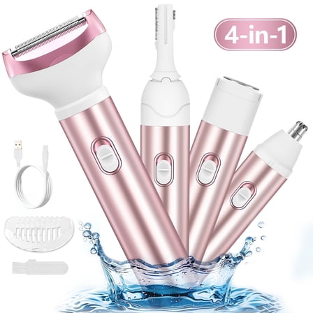Electric Razor for Women, 4 in 1 Cordless Electric Shaver Set -  USB Rechargeable - Wet & Dry Portable Lady Hair Remover, Replaceable Face Shaver & Bikini Trimmer for Underarm Nose Eyebrow Arms Legs