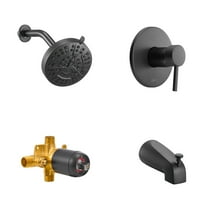 KFFKFF Tub and Shower Faucet Set with 5-Inch Rainfall Shower Head, Bathtub Spout, 8-Spray Adjustable Settings, Single-Handle Trim Kit, and Brass Pressure Balance Valve, Matte Black Finish