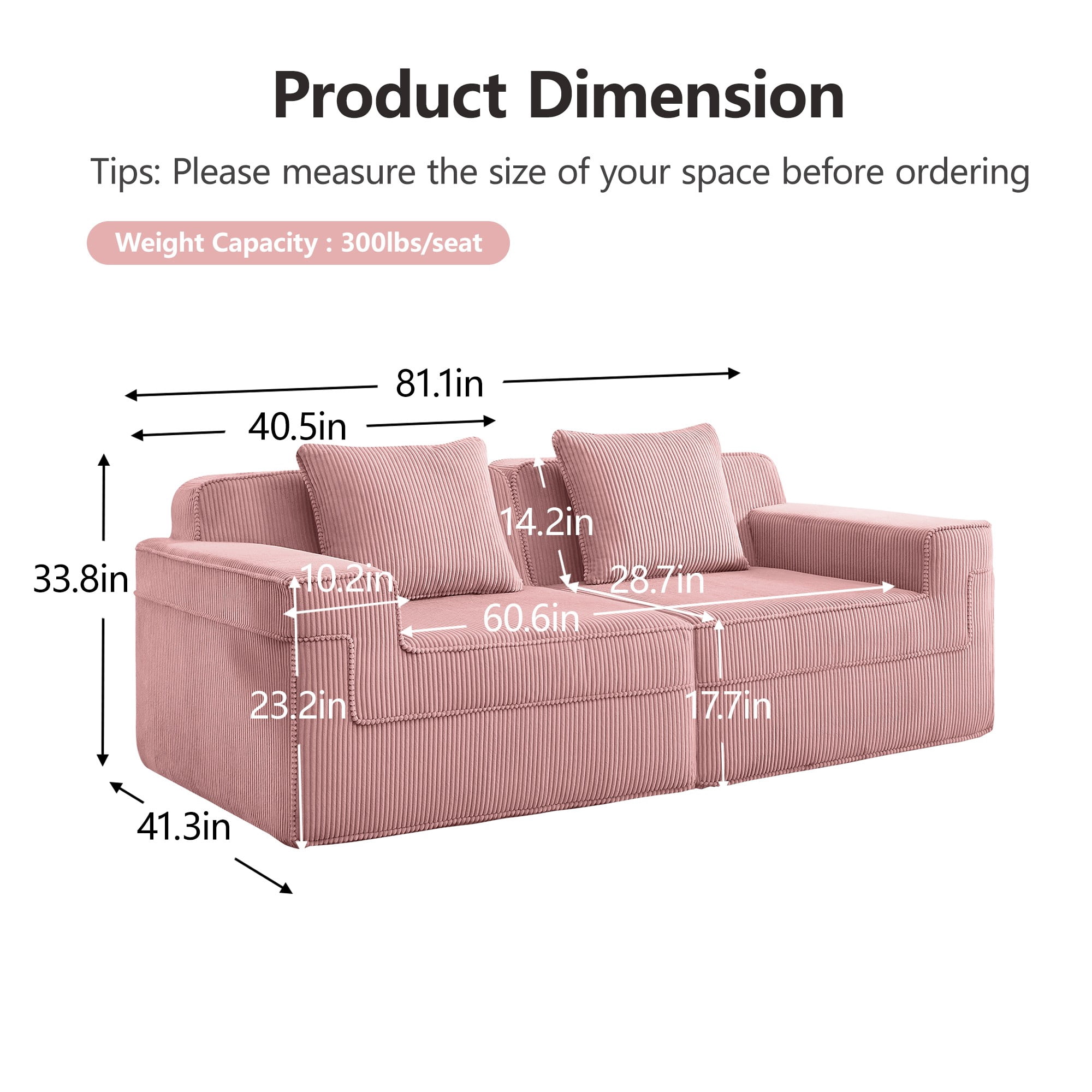 DEALTOPS 81" Modern Corduroy Floor Sofa, Modular 2-Seater Cloud Couch with Deep Seats & 2 Pillows, Pink