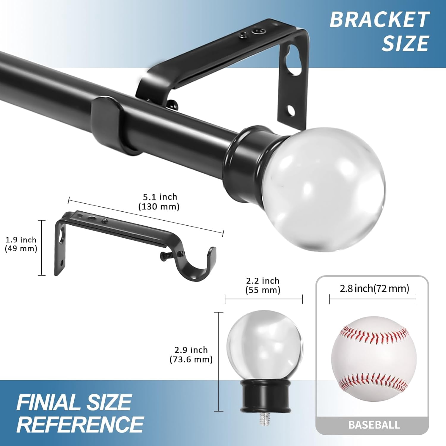 Urbanest Adjustable Single Curtain Rod Set Crystal Ball Finials – 1 -Inch Diameter, With Black Rod, 84–120 Inches