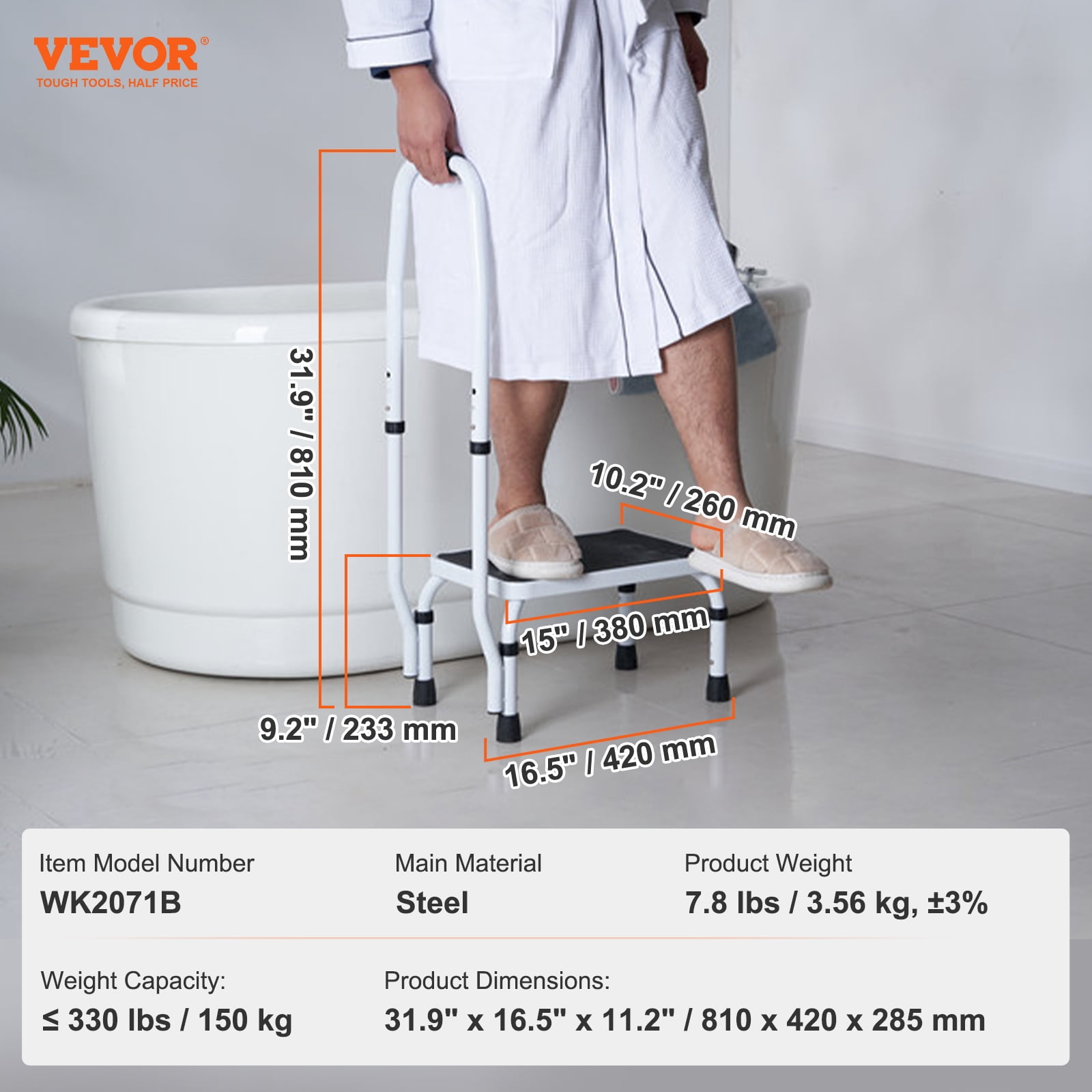 VEVOR Step Stool 1-Step 330lbs Capacity, 3 Adjustable Height with Handle Steel Step Ladder, Portable Step Stools for Adults, Non-Slip Sturdy Step Ladders for Office, RVs, Pets