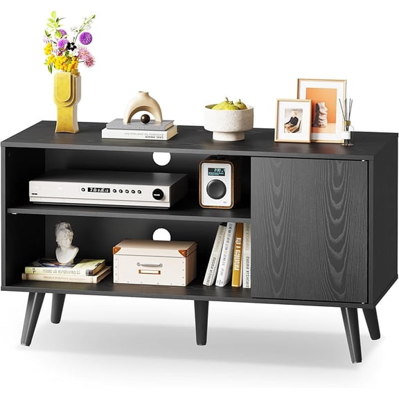 TV Stand for 43 Inch TVs, Entertainment Center with Storage Cabinet, Mid-Century TV Stands for Living Room and Bedroom, 39" TV Console, Relief Black