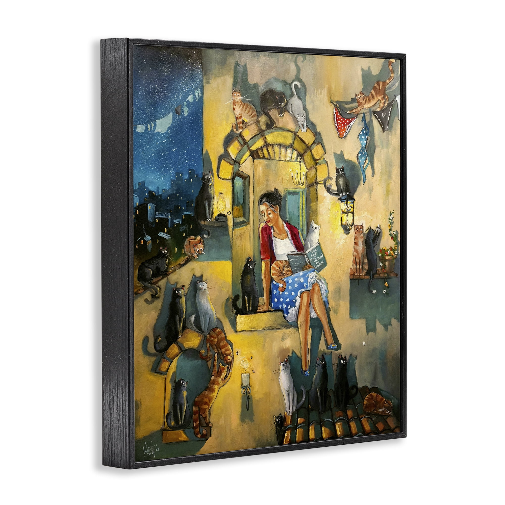 Stupell Industries Window Scene with Cats Town & City Painting Black Framed Art Print Wall Art, 11 x 14