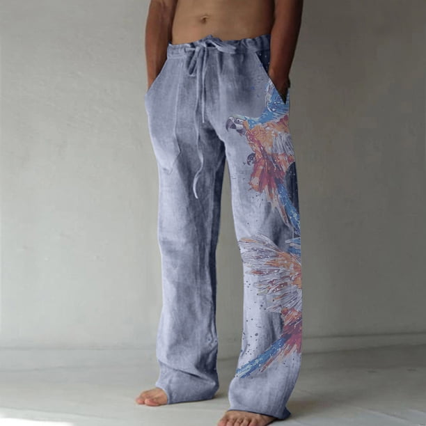 Pantalones largos de verano para hombre, de algodón y pierna ancha, deportivos con cordones estampados, informales