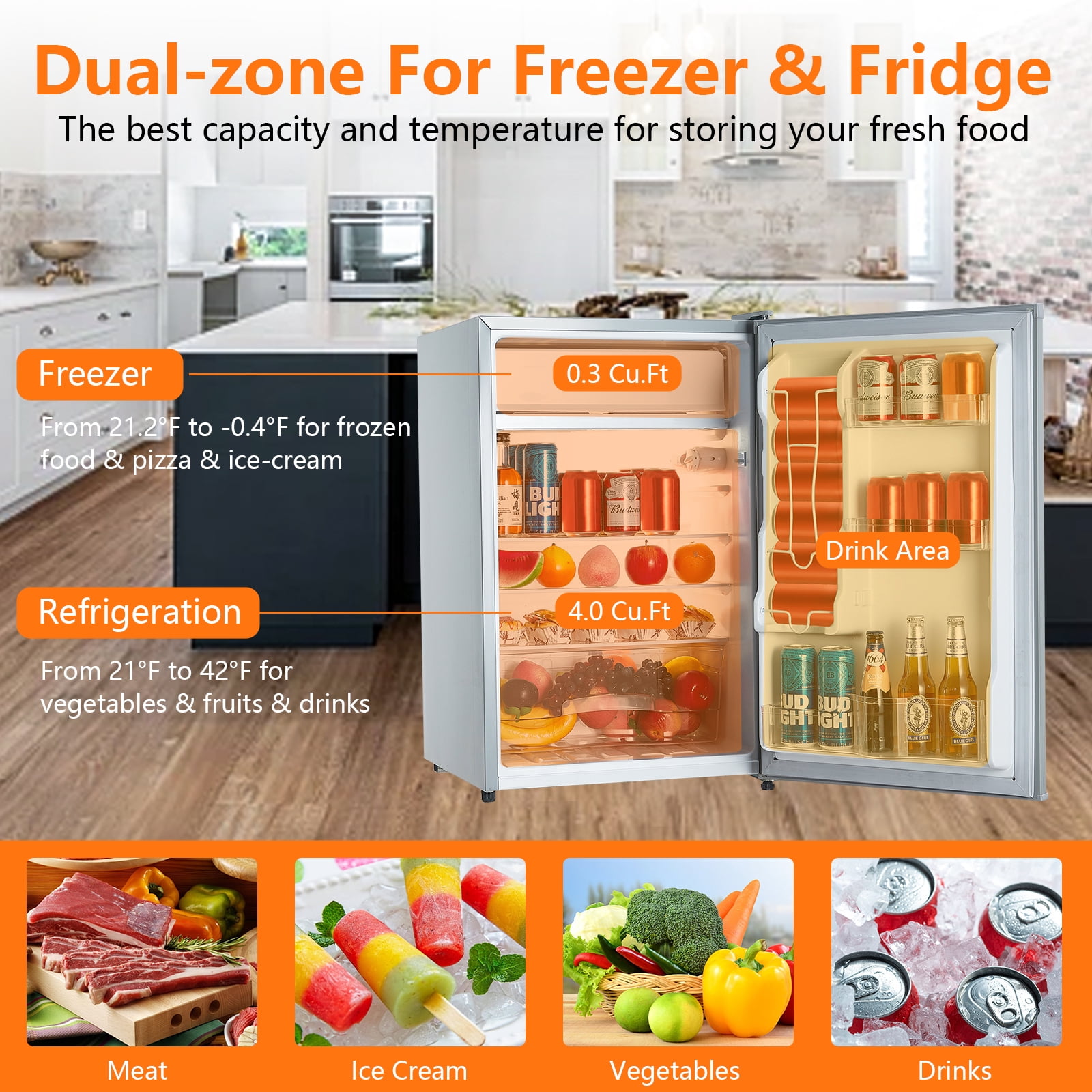 Refrigerator 122LPortable Compact Fridge, 4.3 Cu.Ft. Single Door Mini Refrigerator with Refrigeration and Preservation, 2 Slide Out Glass Shelves, 115V Personal Cooler for Car Home Office Dorm Bedroom