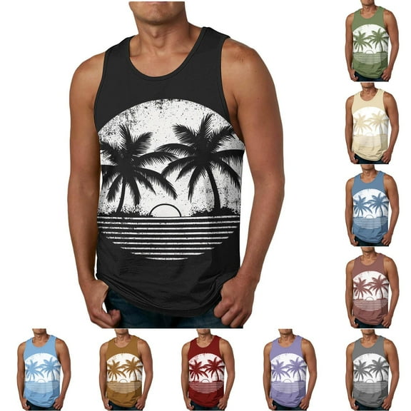 Xuniizn Tank Tops Men Summer Casual Sleeveless Shirts Palm Tree Printed Round Neck Loose Undershirt