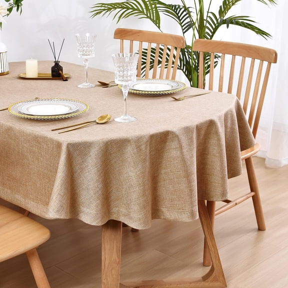 Faux Linen Oval Tablecloth Heavy Duty Wrinkle Resistant Fabric Table Cloths 60 x 102 Inch Flaxen Farmhouse Rustic Table Cover for Kitchen Dining Indoor Outdoor Tabletop Decoration