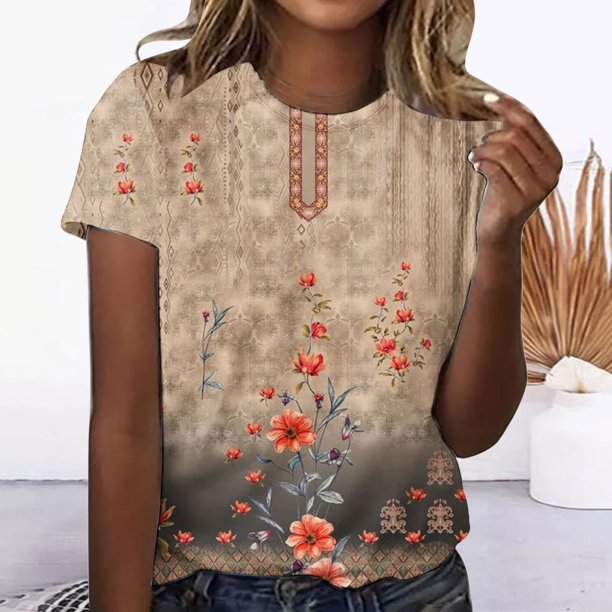Fiudx Ofertas Flash Del Día Solo En Línea Top Casual de Manga Corta con Cuello Redondo y Estampado Retro para Mujer