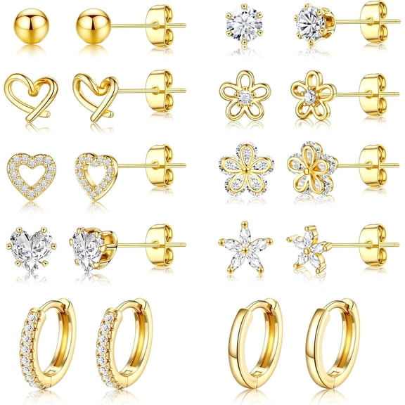 Leaf Women's Small Gold Earring Set - 14K Gold Plated CZ Huggie Hoops Hypoallergenic Earrings, Exquisite Flower Heart Stud Earrings Jewelry Gift