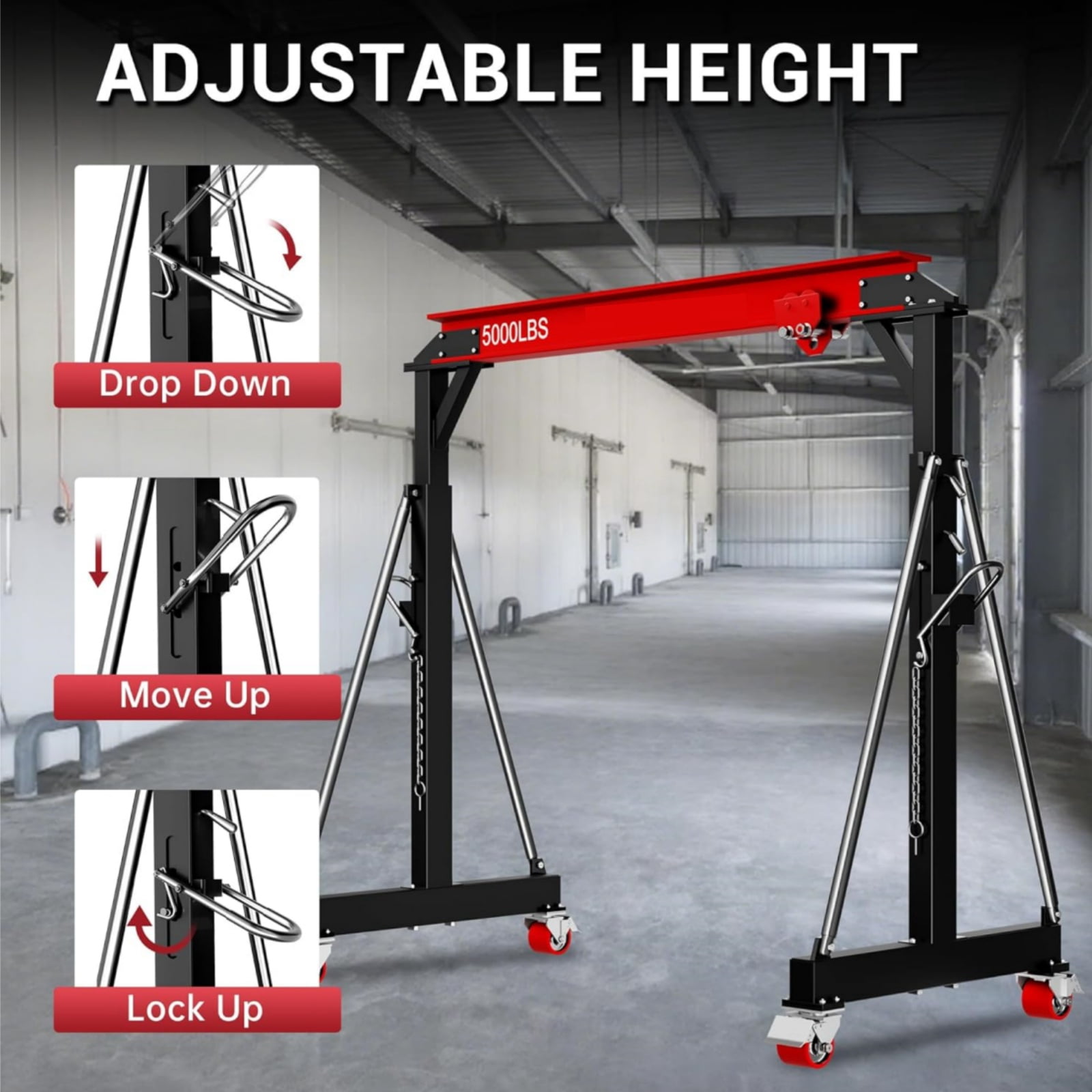 Rvchic 2 Ton Capacity Adjustable Gantry Crane, Steel I-Beam Construction Lift Hoist Rated 5000 LB with Locking Wheels,8.53-12.47ft Adjustable Height for Warehouse