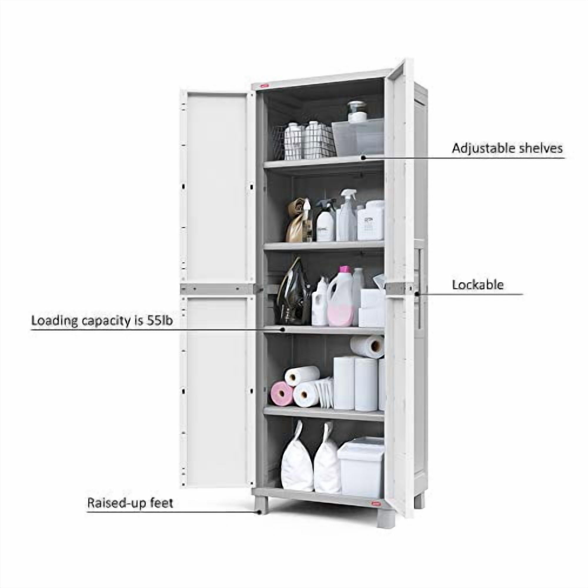 KETER Storage Cabinet with Doors and Shelves for Tool and Home Organization, White & Grey