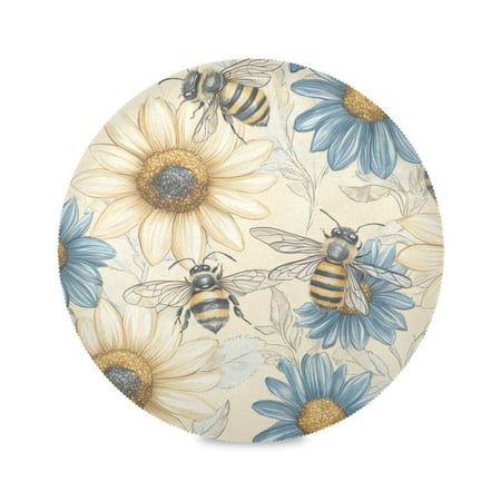 

WOBOGO Blue White Flower Bee Pattern Round Placemats Set of 4 Heat Resistant Washable Kitchen Table Decorations 15.4in