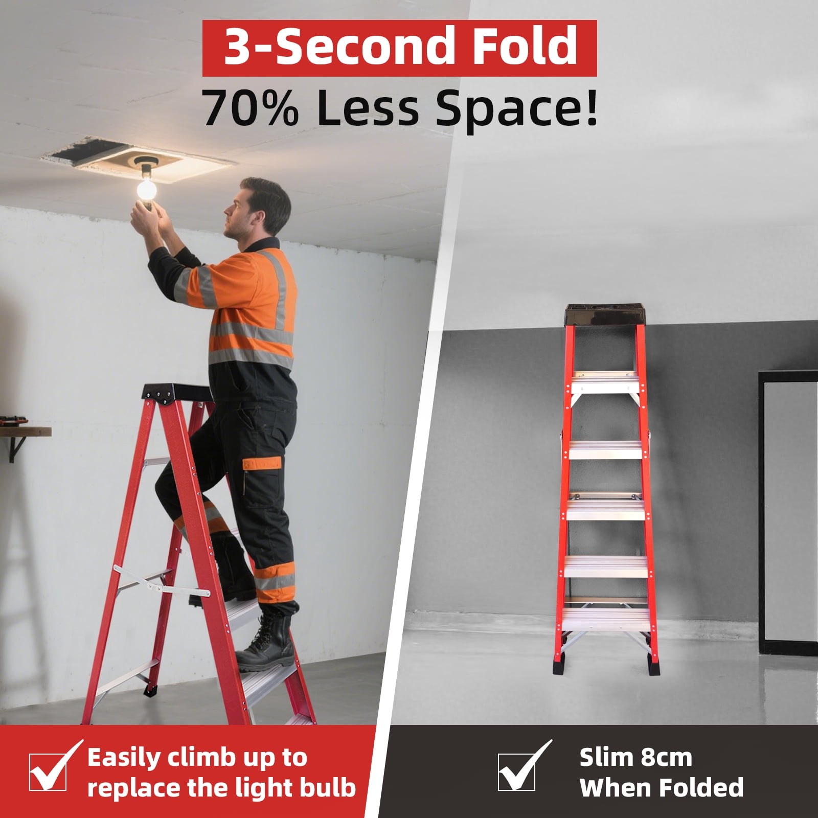 Fiberglass Step Ladder, 330 lbs Capacity, Non-Conductive, Non-Slip Rubber Feet, 11" Step Spacing, Safe Climbing for Home Workshop Industrial