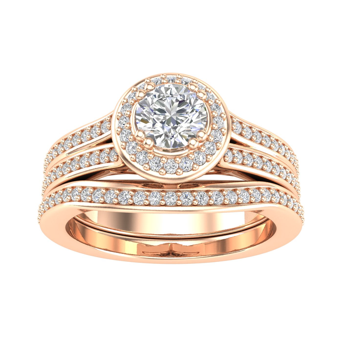 Certified 1.25ctw Diamond Halo Bridal Set Engagement Ring in 14k Rose Gold