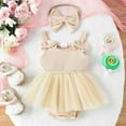 thumbnail image 4 of AJTQTH Girls Baby 2PC Set Summer U-Neck Sleeveless Cotton Rib Knit Jumpsuit Mesh Ruffled Solid Color Bodysuit Bowknot Hairband Casual Comfy Clothes Two-Pieces Set Beige 6 Months, 4 of 9