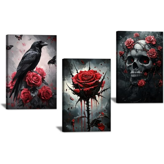 Hieng 3 Pieces Gothic Canvas Wall Art Red Rose Pictures Halloween Skull & Crow Poster Prints Black Romantic Paintings Dark Flowers Artwork for Home Decor