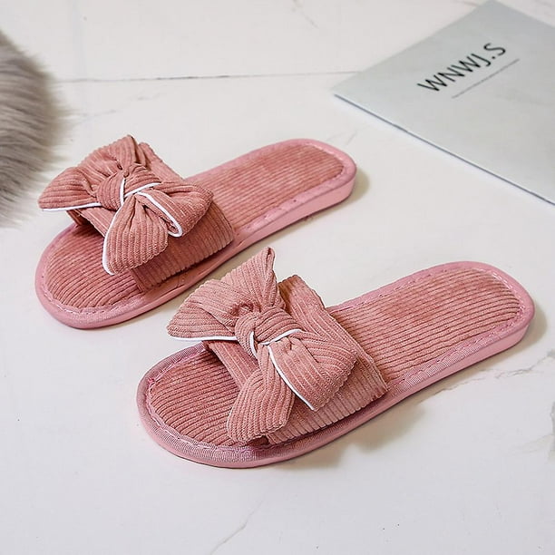 Zapatilla de verano para mujer, pantuflas de pana con lazo, toboganes esponjosos, zapatos planos con punta abierta, zapatos de casa con suela de goma antideslizante ZefeiWu 8390611501693