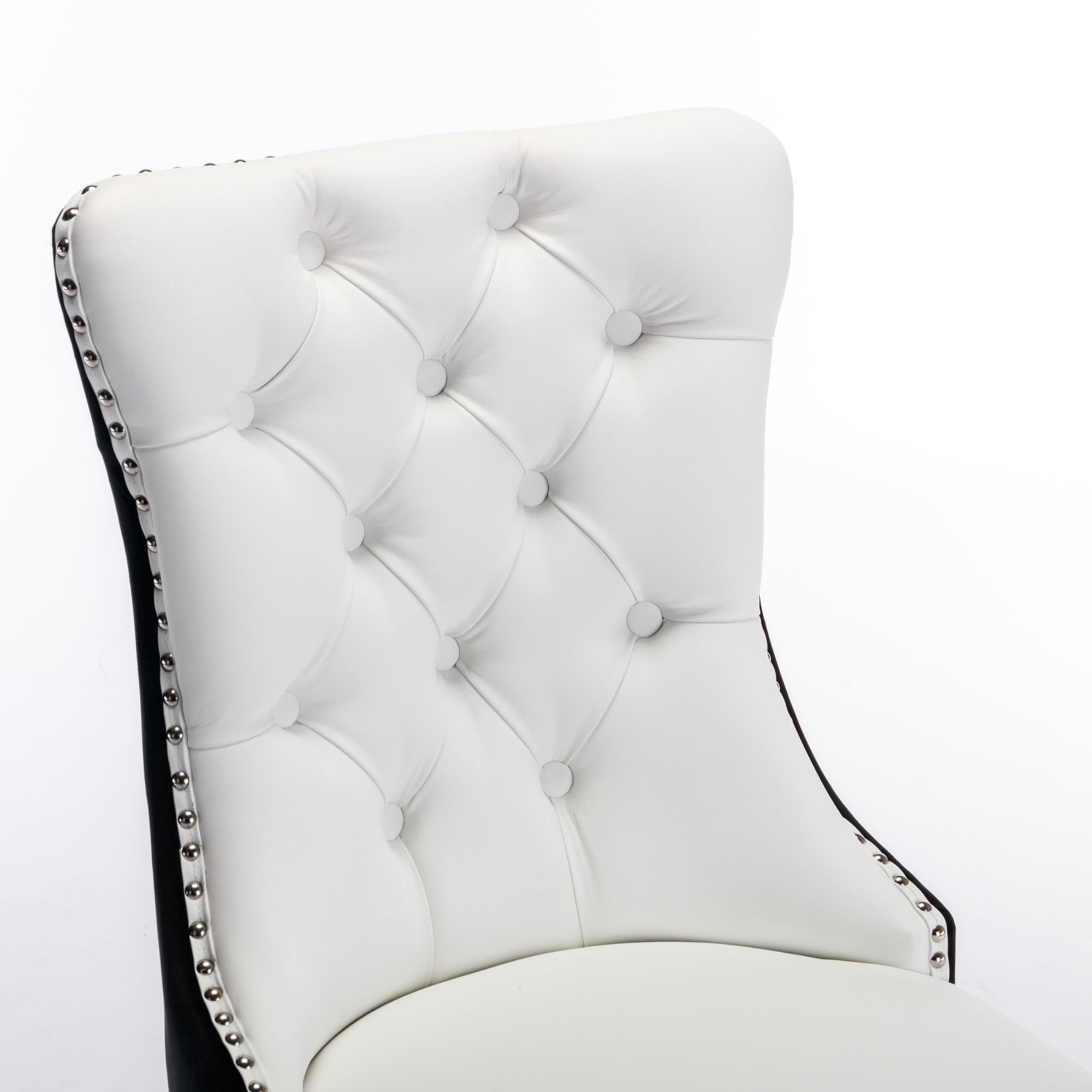 BSHTI 37.5-inch Modern Parson PU Leather and Velvet Upholstered Dining Chairs Set of 2 With Tufted Back, Nailhead Trim, Solid Rubberwood Legs for Dining Room (White+Black)