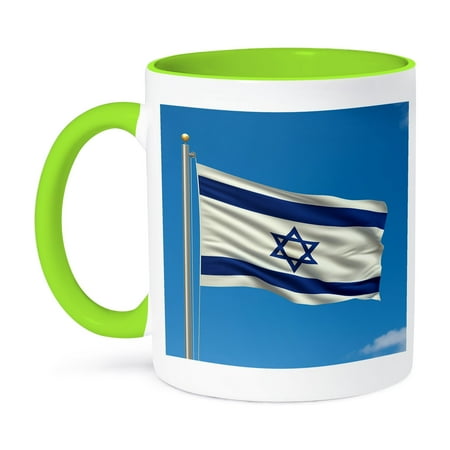 3dRose, Flag Of Israel On A Flag Pole With Blue Sky Israeli, 11oz Two-Tone Green Mug