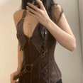 thumbnail image 2 of Disfraz de pirata vikingo medieval para mujer, corsé gótico de cuero sobre el busto, corsé steampunk, chaleco de caballero para Halloween, cosplay de talla grande, 2 of 5