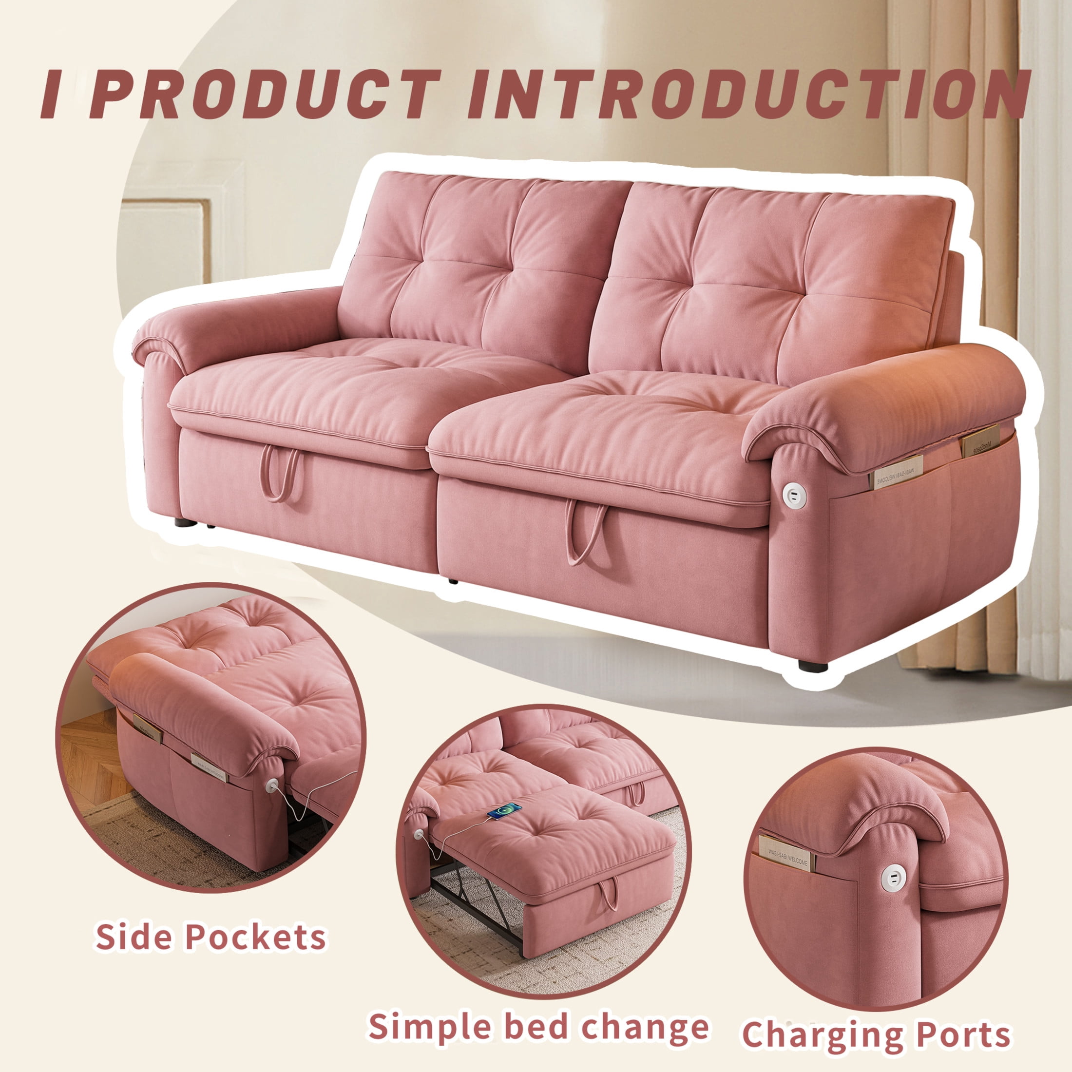 Noble House 77" Modern Velvet Convertible Sofa Bed, Pull Out Loveseat with Adjustable Backrest & USB Ports, Pink