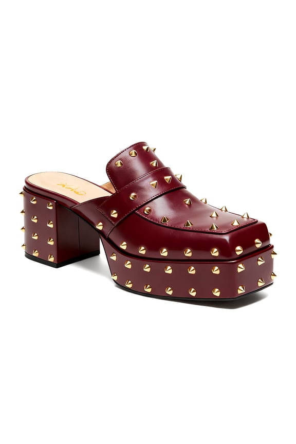 Women Mules with Metallic Rivets Spikes Closed Square Toe Slip-on Chunky Block Heels Fashion Club Dress Shoes Size 10 Burgundy