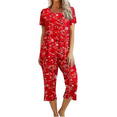 

YYDGH Women s Sleepwear Capri Pajama Sets Short Sleeve Two-Piece Pjs Crew Neck Lounge Sets Tops & Capri Pants with Pockets Red XXL