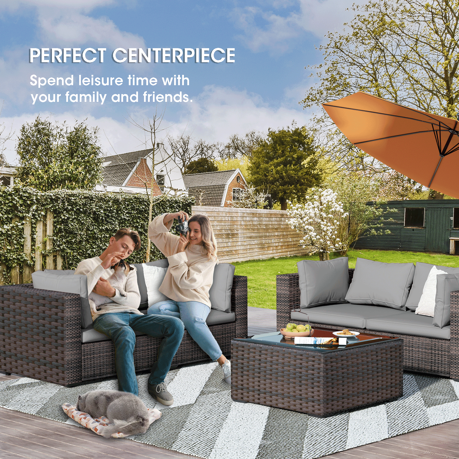 TANGJEAMER 5 Piece Patio Furniture Set, All Weather Outdoor Sectional PE Rattan, Patio Conversation Sets with Cushions and Glass Coffee Table for Garden Lawn Balcony Porch Deck, Grey