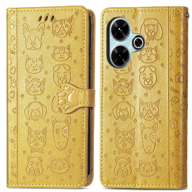 Funda Cartera FOXDOCK para Xiaomi Redmi 13 4G , Flip PU con Relieve de Gatos y Perros, Tarjetero y Soporte