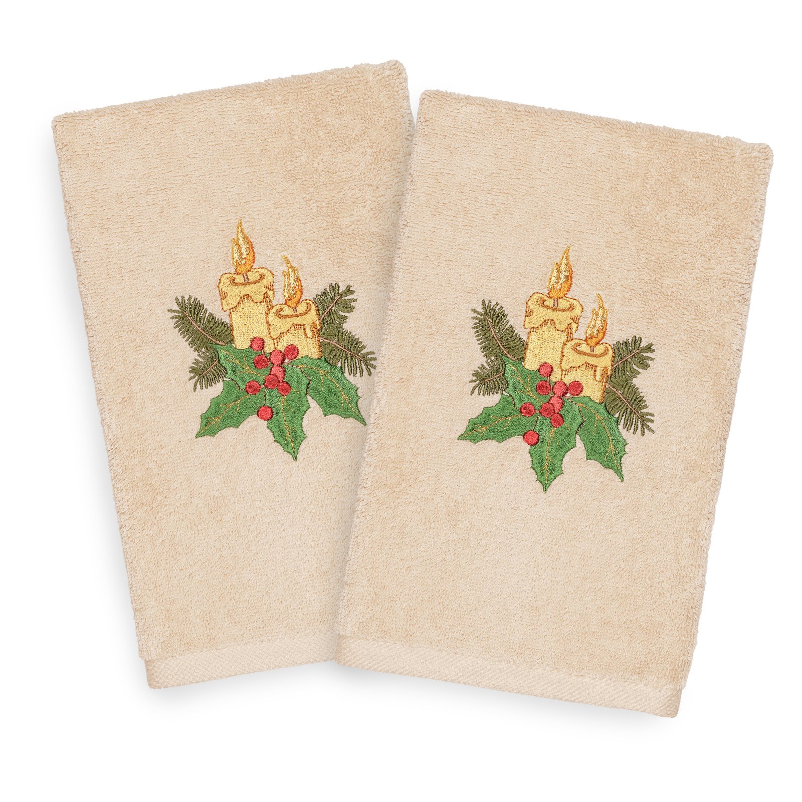Linum Home Textiles Christmas Candles Embroidered Turkish Cotton Hand Towel - Set of 2