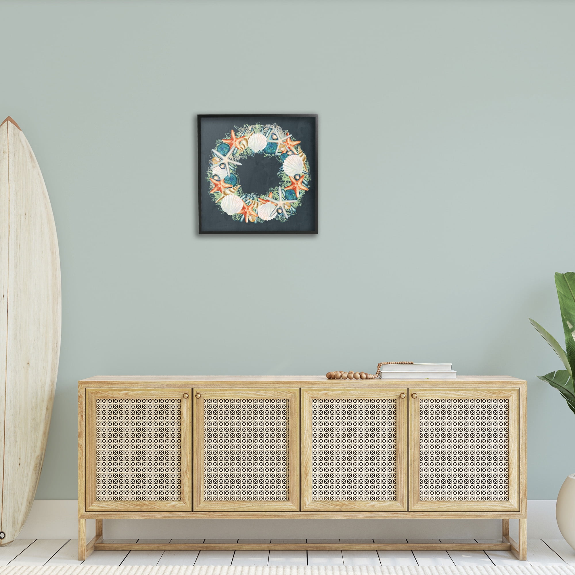 Stupell Industries Starfish and Nautical Seashell Wreath Animals & Insects Painting Black Framed Art Print Wall Art, 24 x 24