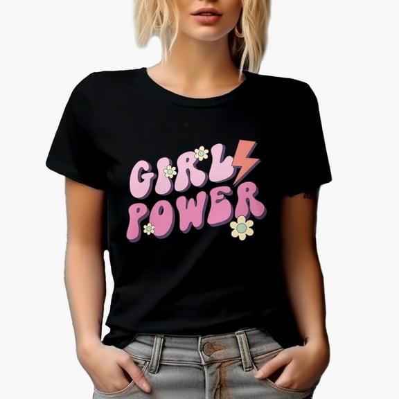 Girl Power, Retro Groovy Text Art, Black T-Shirt, Small