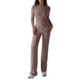thumbnail image 2 of Conjuntos de 2 Piezas para Mujer, Larga, Cuello Redondo, Pantalones Acampanados de Cintura Alta, Conjuntos de Chándal, Ropa de Calle. Camello L, 2 of 9