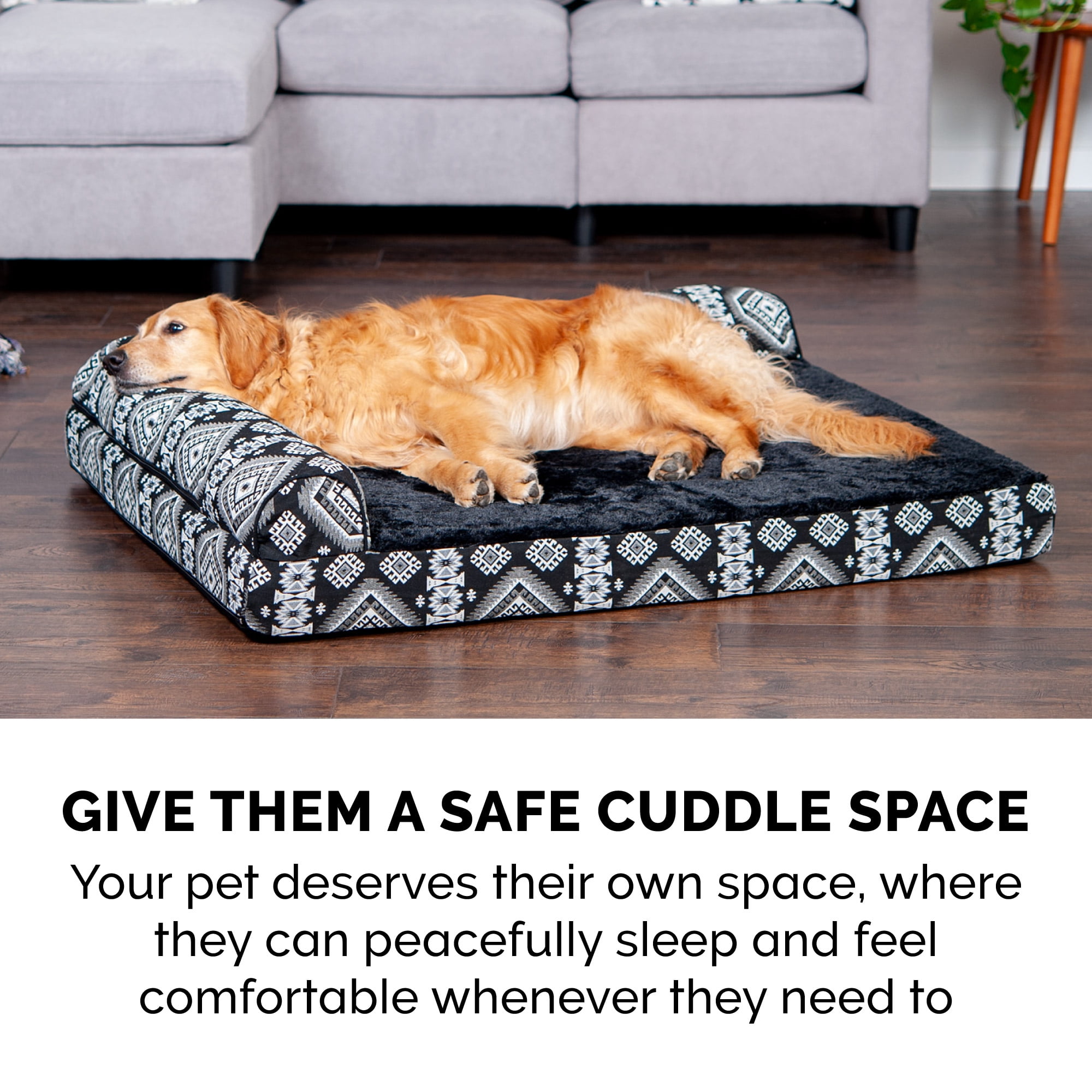 FurHaven Pet Products Southwest Kilim Orthopedic Deluxe Chaise Lounge Pet Bed for Dogs & Cats - Black Medallion, Jumbo