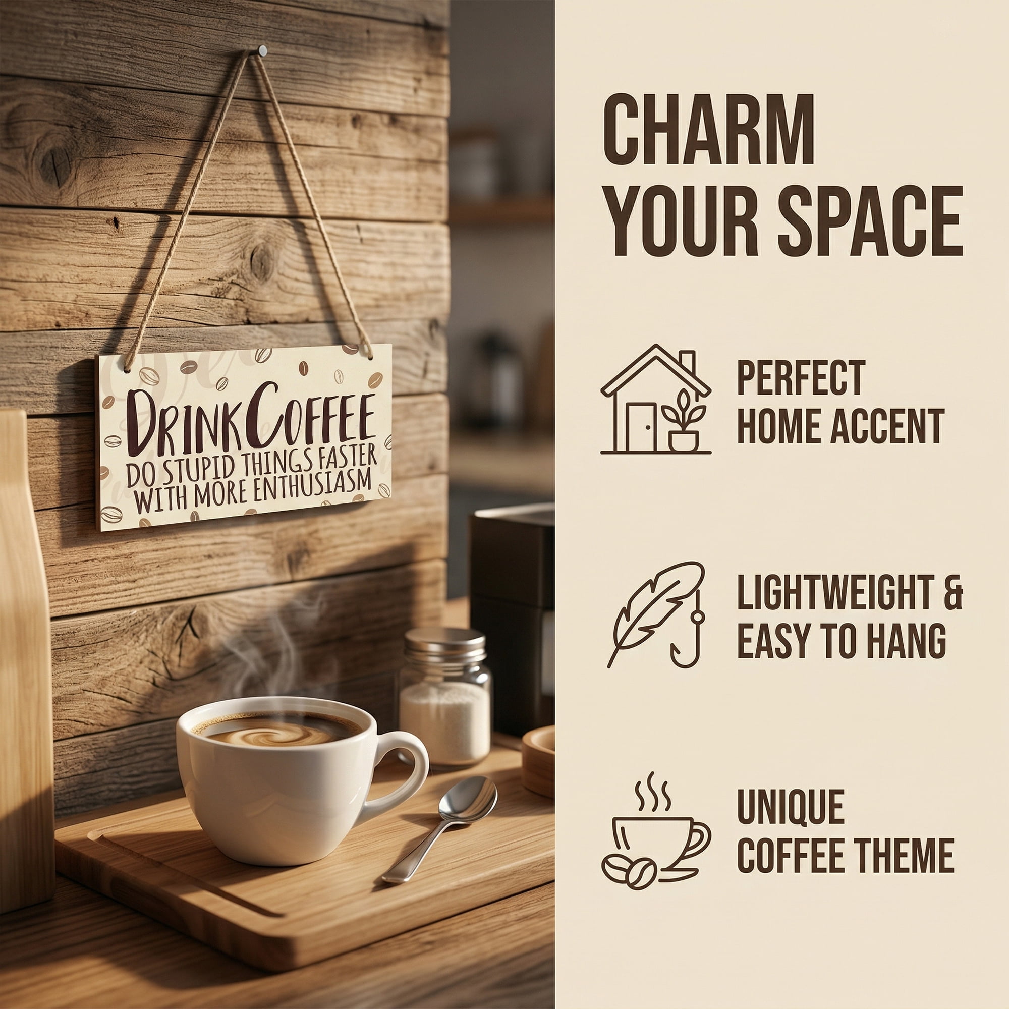 Unique Bargains Coffee Bar Sign Station Decor Rustic Wood Hanging Plaque Style D 3.9in