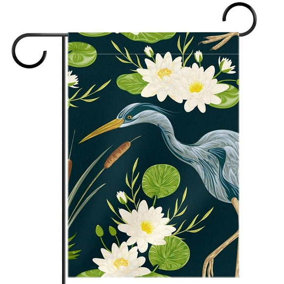 Heron Bird Water Lily And Bulrush Garden Flag Double Sided, 12×18 Inch Small Waterproof House Garden Flag for Spring Summer Outdoor Indoor Decoration