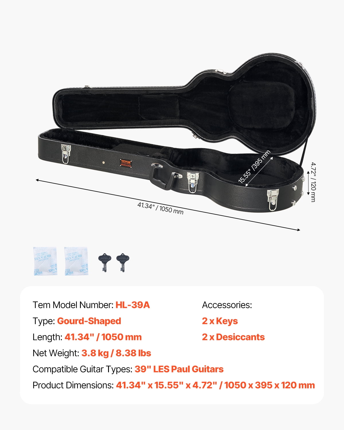 VEVOR Electric Guitar Hard Case, 41.34 in Gourd-Shaped Guitar Hard Case ,With Lock Latch Key Handle, PVC Padding Soft Lining Water-Resistant Hard Shell Guitar Case ,for 39 in LES Paul Guitars, Black