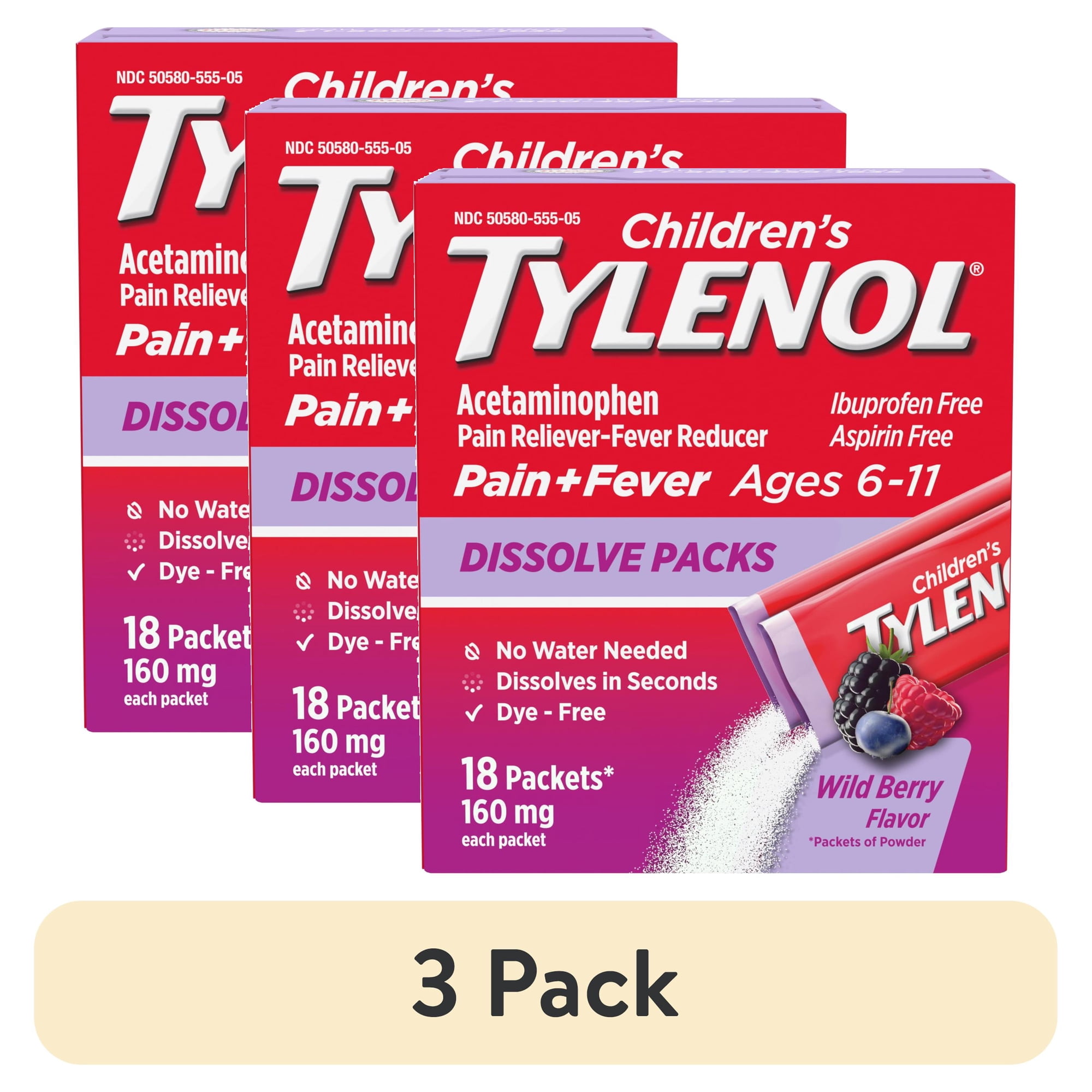 (3 pack) Children's Tylenol Acetaminophen Dissolve Packets, Wild Berry, 18 Count