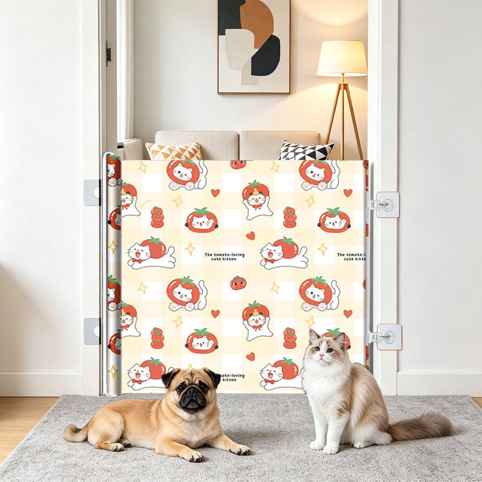 Pet Barrier No Drill Dog Cat Safety Gate Cute Retractable Roll-Up Fence for Small to Medium Pets Doorway Stair