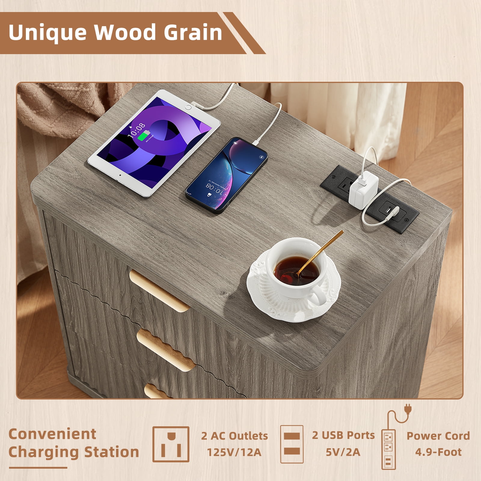 2 Pcs End Table with Charging Station, 23" Wide Sofa Side Table with 3 Drawers, Large Storage Rustic Wood Storage Cabinet for Living Room,Bedroom, Grey