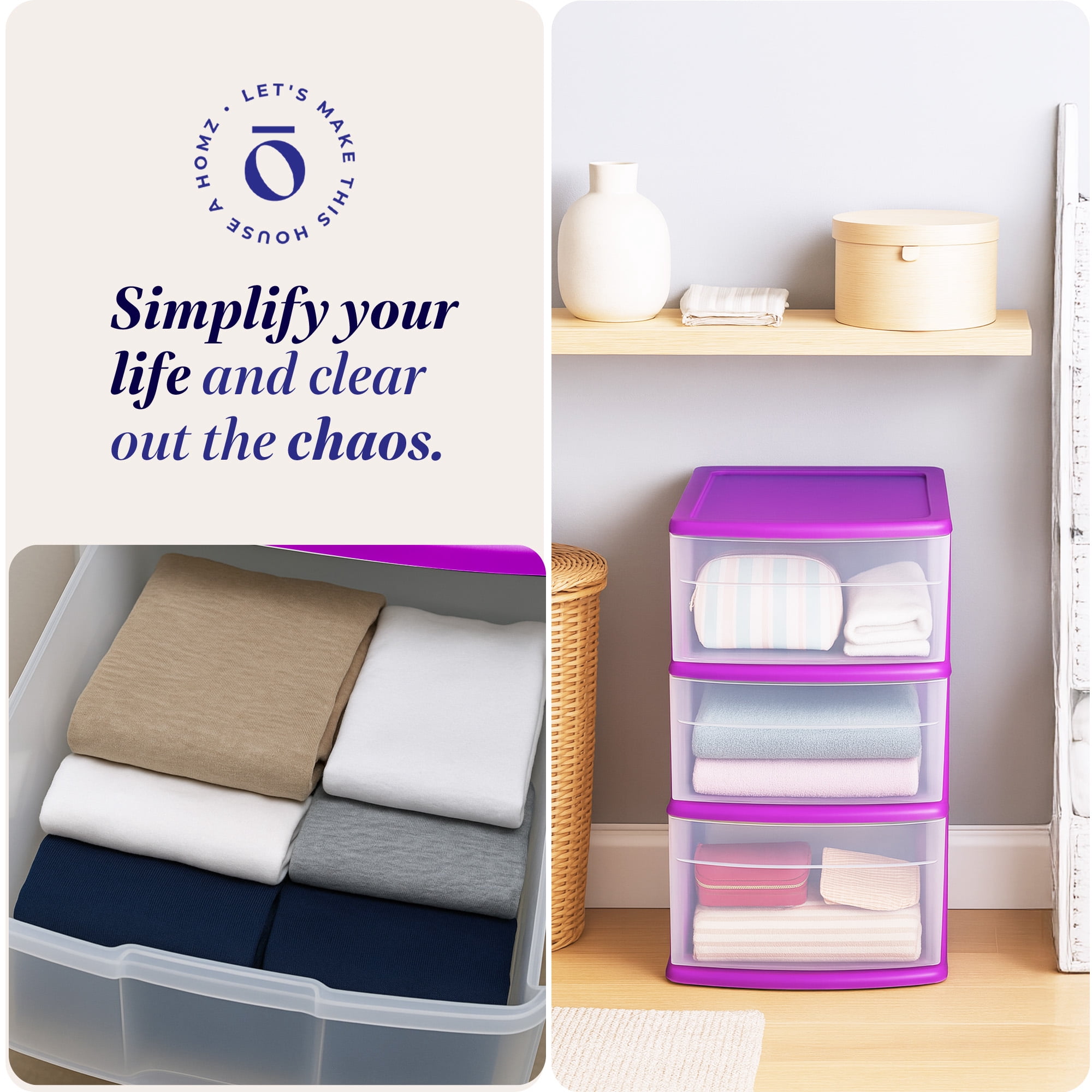 HOMZ 3-Drawer Cart Organizer with Removable Wheels, Medium, Purple Frame