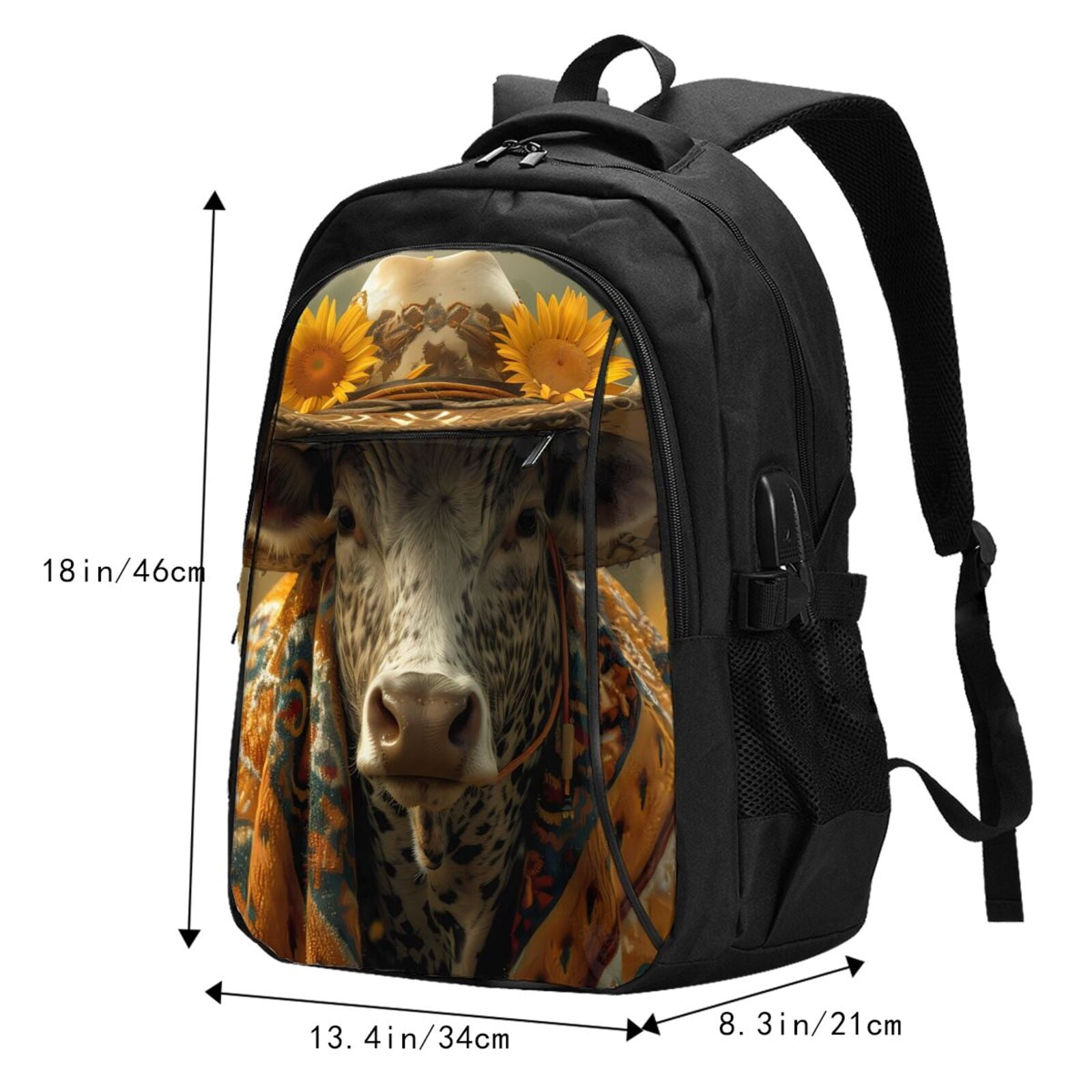 Vsdgher Sunflower Cowboy Hat Cow Print Travel Laptop Backpack, Laptops Backpack with USB Charging Port, Water Resistant Computer Bag Gift for Men & Women