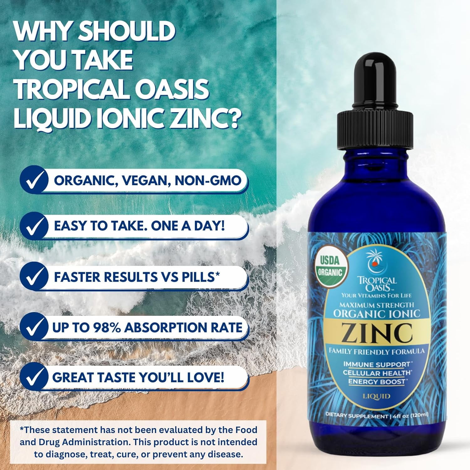Tropical Oasis Ionic Zinc Drops for Kids & Adults, Maximum Strength Liquid Vitamin Vitamin Supplement for Immunity and Skin health, 4 Oz, 150 Servings