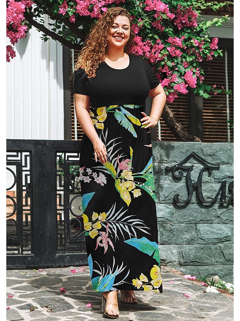 SheepFlare Women Plus Size Petite Maxi Dress Short Sleeve Casual Beach  Bohemian Long Dresses with Pockets - Walmart.com