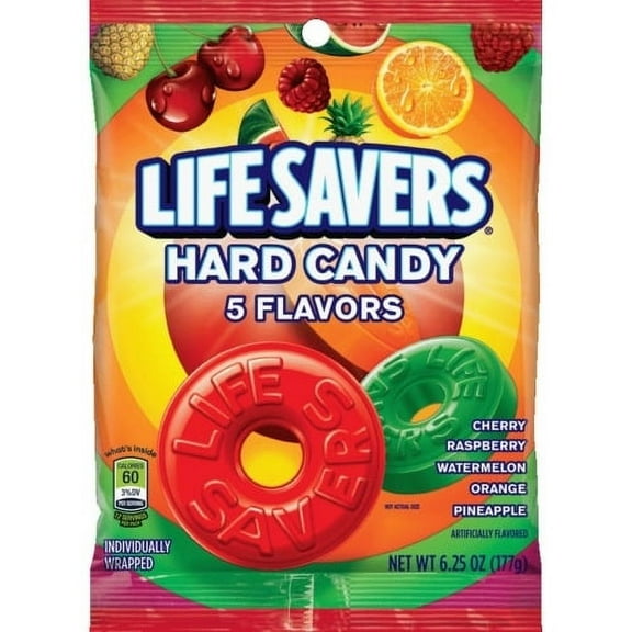 Wrigley LifeSavers 5 Flavors Hard Candies Cherry, Raspberry, Watermelon, Orange, Pineapple - Individually Wrapped - 6.25 oz - 1 Bag